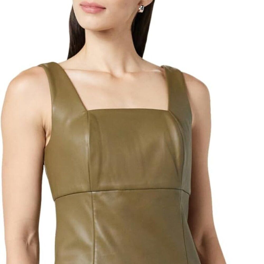 Vegan Leather Square Neck Mini Cocktail Dress, Olive, Size XS, NWT - Picture 2 of 3